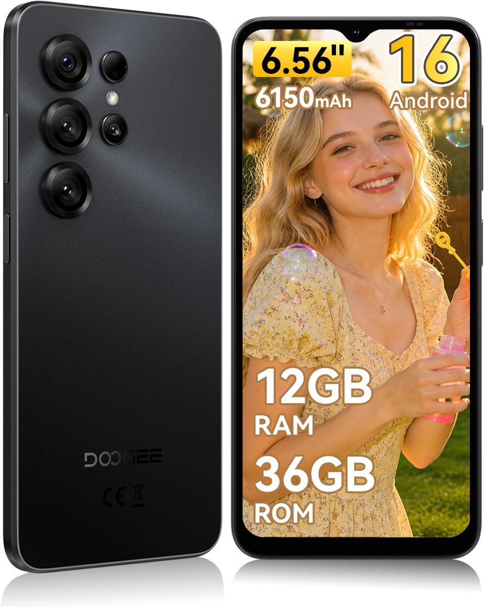 DOOGEE Note 56 X Lite Smartphone - 6,56 Inch - 12GB(3+9) RAM - 32GB ROM - 6150 mAh - Android 16 - Met 3,5 mm hoofdtelefoonaansluiting - Zwart