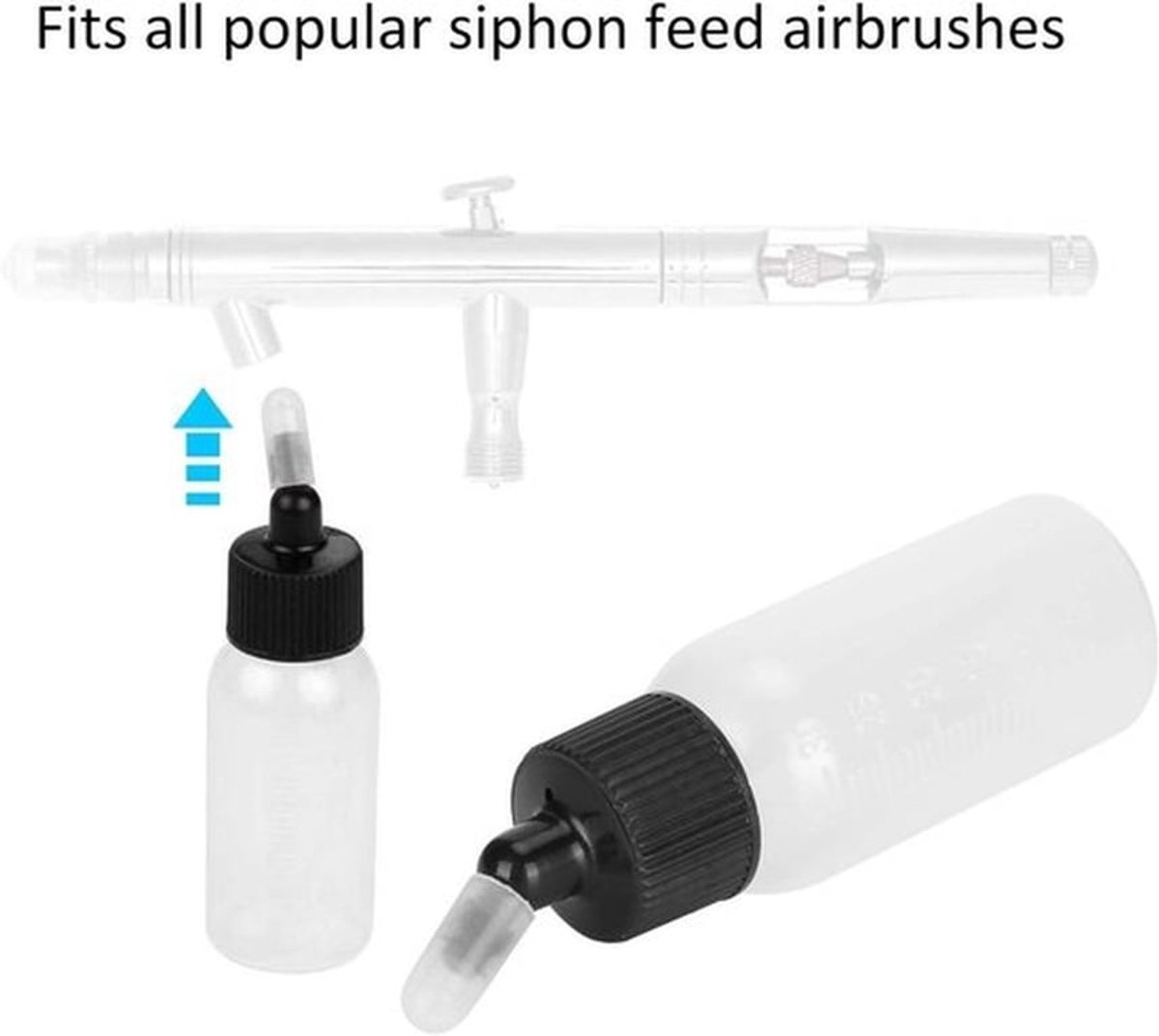 - Airbrush-flessen - Plastic Potflessen - Sifonspray - 10 stuks - 30 ml - Verfflessen - Dubbele Werking - Geschikt voor Airbrush - Diverse kleuren & formaten