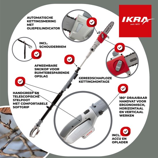 IKRA telescopische accu-hoogsnoeier ICPS 2020, werkhoogte tot 4 meter, inclusief 20 V accu, oplader en schouderriem van IKRA — afbeelding 4