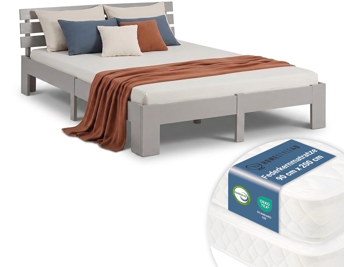 Homestyle4u Tweepersoonsbed - 180x200 cm - met Binnenveringmatras - Grijs