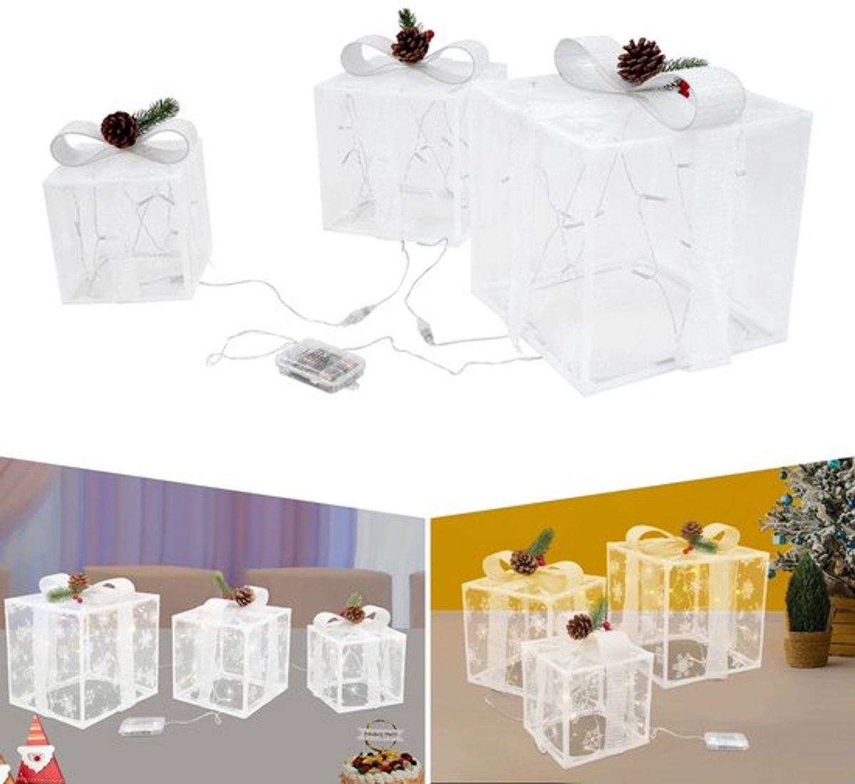 3 stuks met dennenappellint, verlichte geschenkdozen, geschenkdozen, slagvast PVC, kerstfeest-huisdecoratie