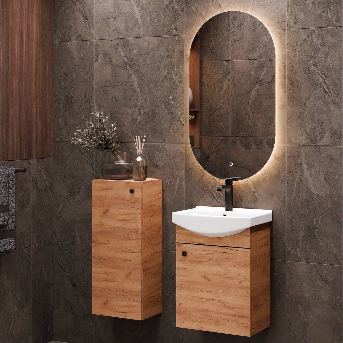 Planetmöbel Badkamermeubel Set 45 cm – Goud Eiken – Keramische Wastafel met LED Spiegel en Midikast – Dimbaar – Soft-Close