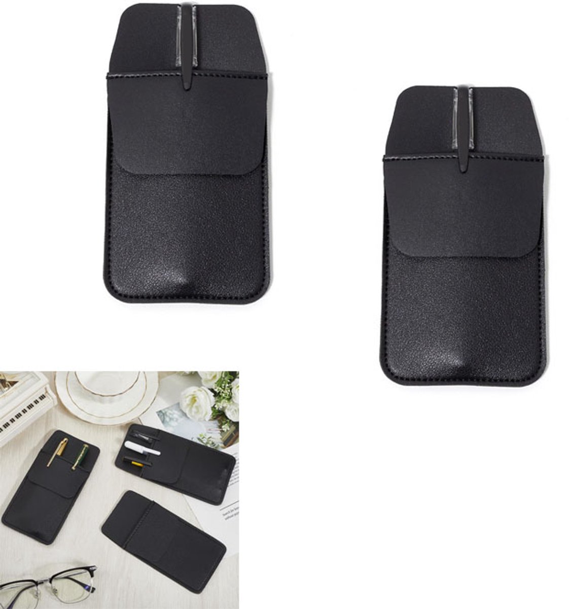 2-stuks Zakbeschermer - Leren zakorganizer - Unisex - 8x16 cm - Biedt ruimte aan maximaal vier pennen - Geschikt voor overhemden, laboratoriumjassen, schooluniformen, kantooruniformen, verpleegkundigen- en doktersuniformen - Zwart