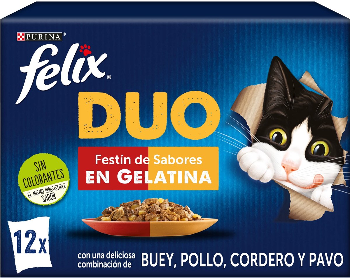 Solidchoice - Felix Fantastic Duo Natvoer voor Volwassen Katten, Vlees Assortiment, 6 Pakketten van 12 Zakjes