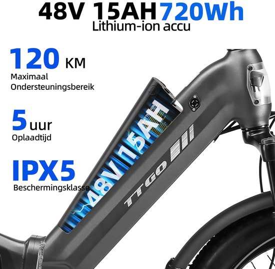 20*3.0" Elektrische vouwfietsen- 48V 15Ah (720Wh) Lithium Accu - Actieradius tot 120 km - Softtail-vering - Hydraulische Schijfremmen –Geveerde voorvork met lockout​ –Krachtsensor– 70Nm– Shimano 7 Versnellingen– Elektrische Stadsfiets — afbeelding 5