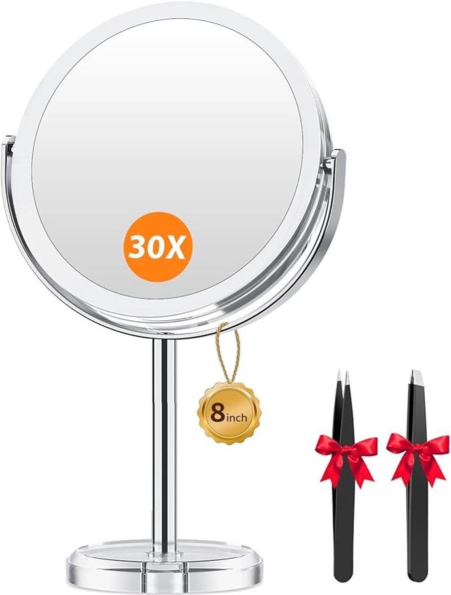 Dubbelzijdige Vergrotingsspiegel 30X/1X met Pincet - 20 cm - 360° Draaibaar - Op Standaard