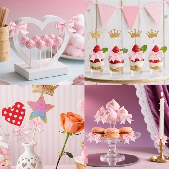 12 Stuks Roze Strik Cupcake Toppers, Dubbel Laags Versiering met Parels voor Verjaardagsfeest, Bruiloft en Babyshower Decoratie — afbeelding 2