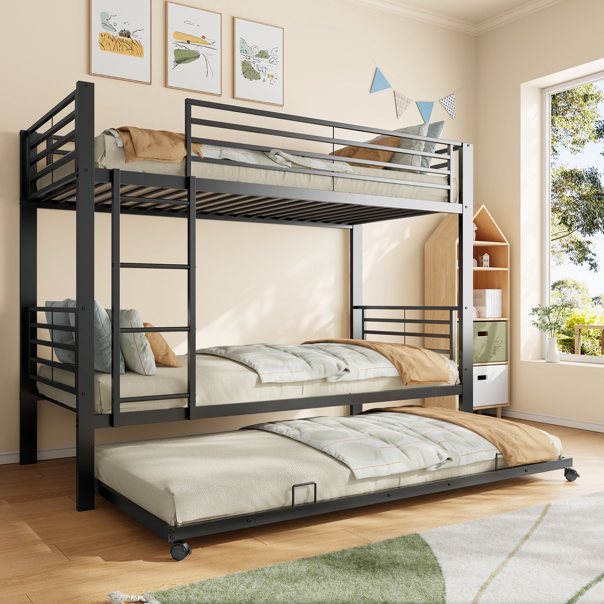 Clruro Stapelbed - 90 x 200 cm - met Uitschuifbed - EN 747 - 3 Slaapplaatsen - Metaal - Zwart