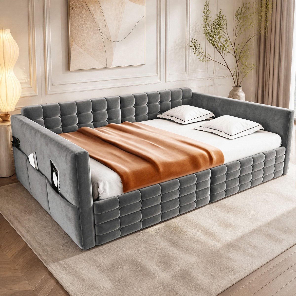 DESMIU Slaapbank Bed 140x190cm - Slaapbank met opbergruimte en lades - Voor slaapkamer of logeerkamer - Fluwelen Grijs - Zonder matras