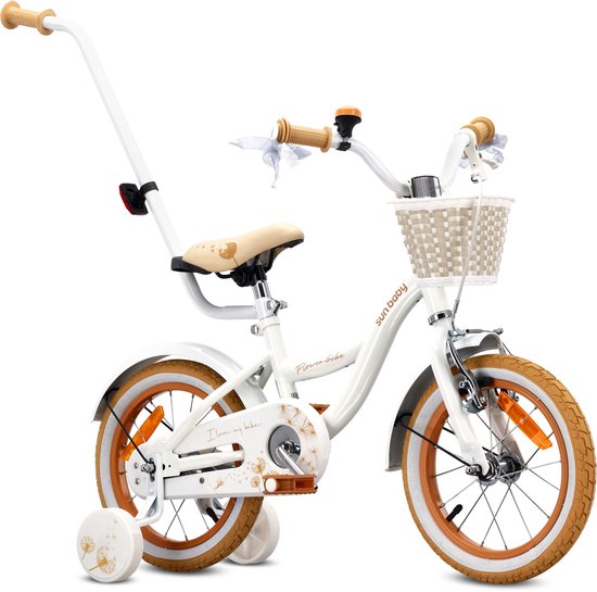 Flower Bike Fiets voor een meisje van 4 tot 6 jaar, 14 inch Wit Beig, met fietsbel, zijwieltjes, duwstang en stuurmandje van Popal — afbeelding 5