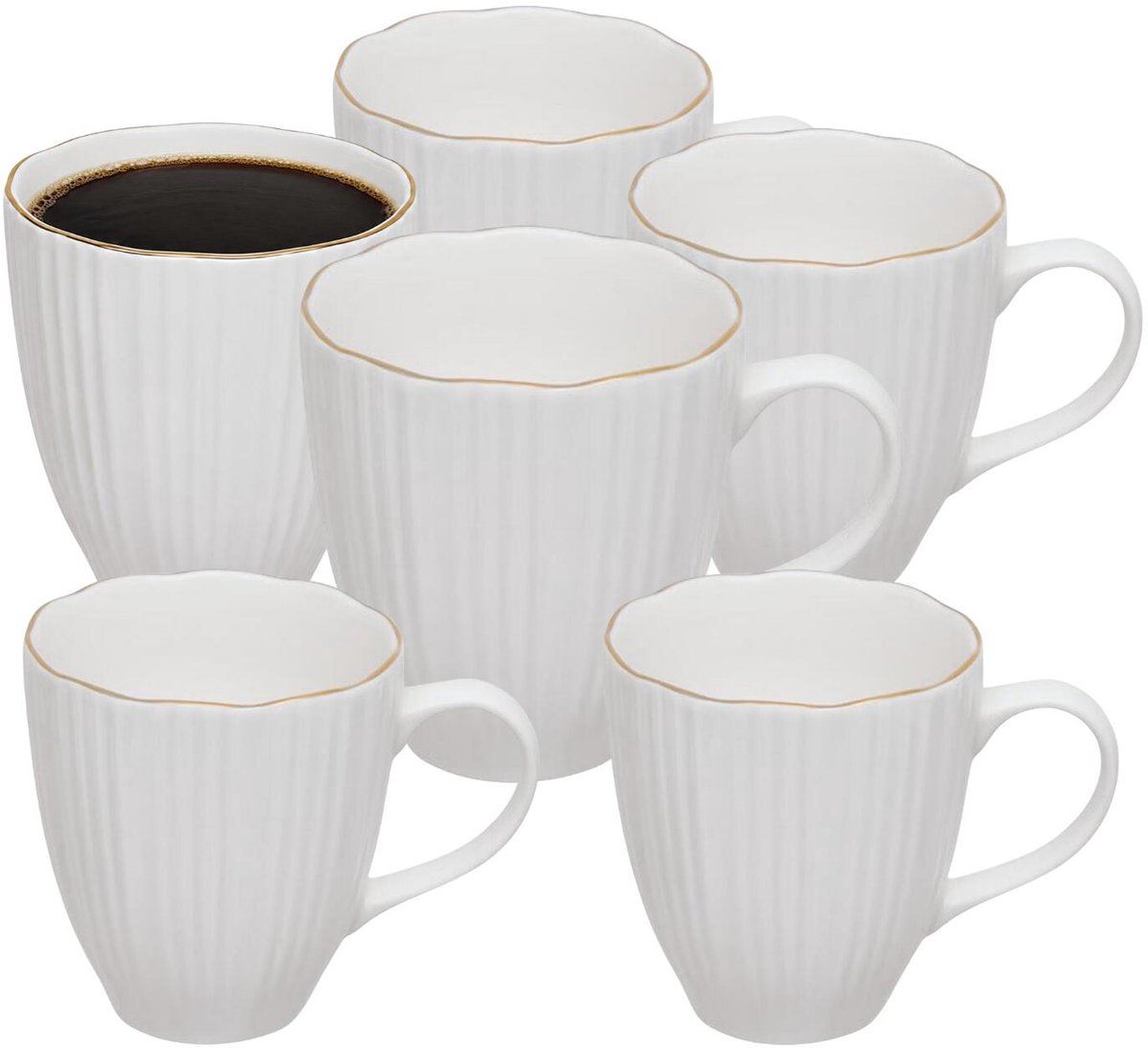 Secret de Gourmet koffie kopjes - Soho - 12x stuks - wit/goud - 360 ml - mokken - porselein - met stijlvol decoratie motief