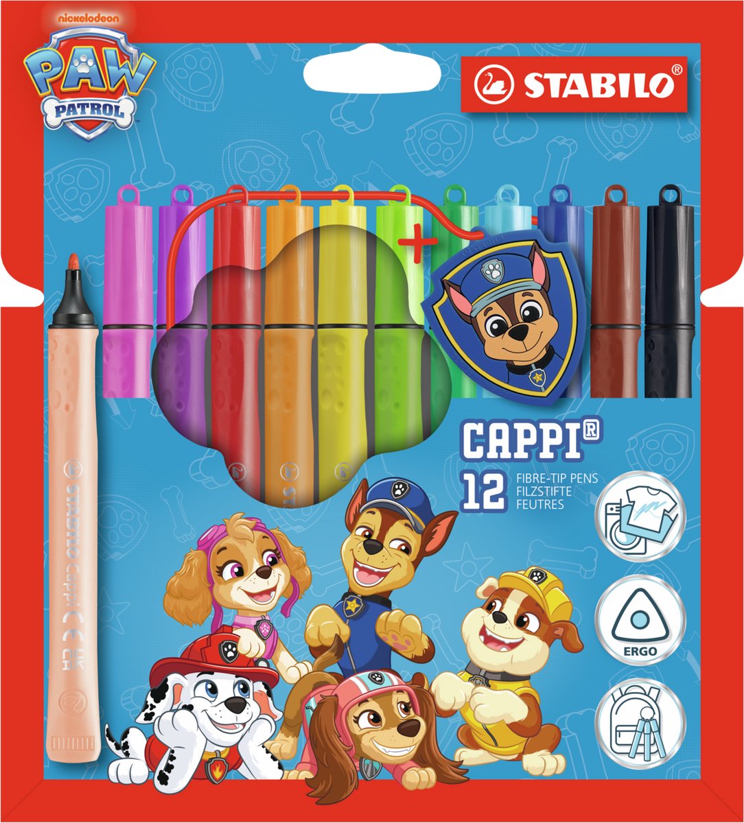 STABILO x PAW Patrol Cappi - Viltstift - Nooit Meer Je Dop Kwijt - Incl. Chase's Politiepenning - Etui Met 12 Kleuren