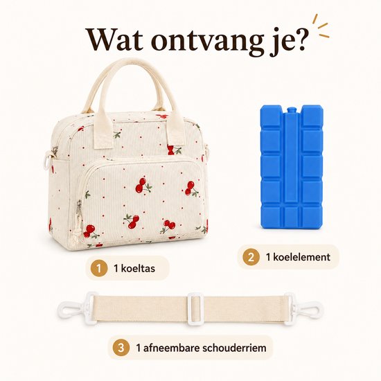 VHV - Koeltas Dames - Geïsoleerde koeltas - Koeltas -lunchpakket set - Koelelementen - Corduroy - Afneembare Schouderriem - 28,5 x 16 x 22 cm - Voor Werk, Kantoor, School en Picknick - Beige Kersenprint van Vhv — afbeelding 4