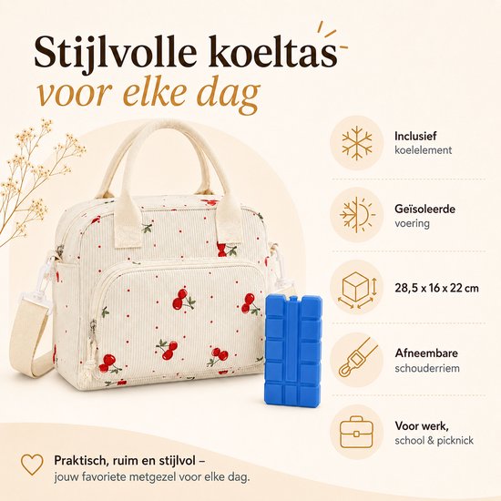 VHV - Koeltas Dames - Geïsoleerde koeltas - Koeltas -lunchpakket set - Koelelementen - Corduroy - Afneembare Schouderriem - 28,5 x 16 x 22 cm - Voor Werk, Kantoor, School en Picknick - Beige Kersenprint van Vhv — afbeelding 2