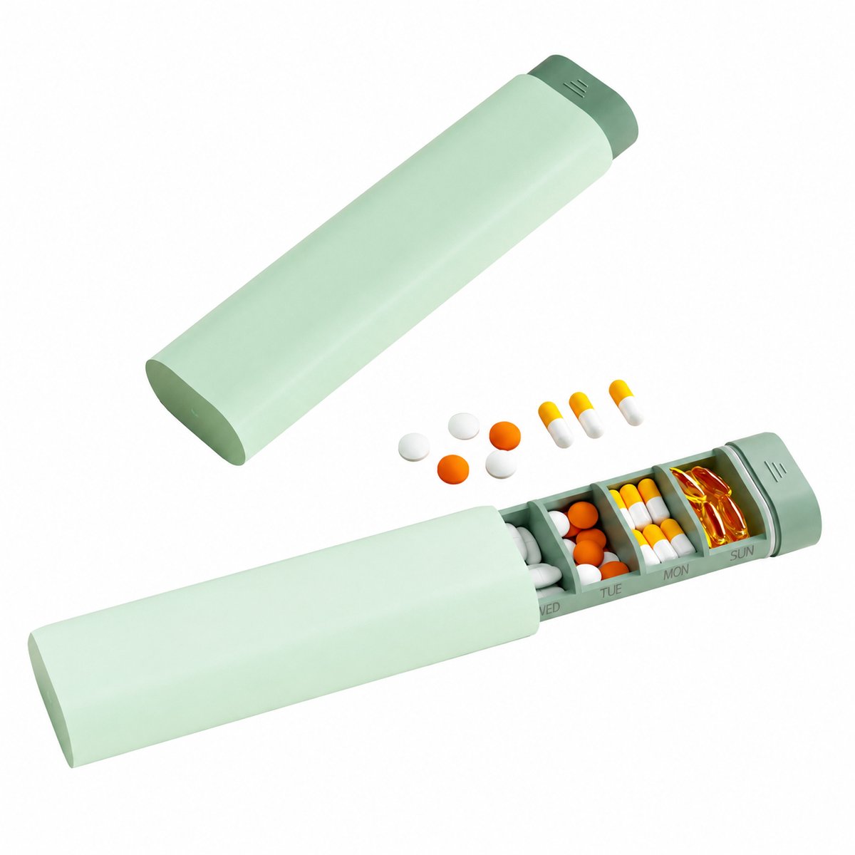 Reis-pillendoos – 7-daagse pillenhouder –Wekelijkse medicijndoos - Draagbare opbergdoos – –Organizer voor tabletten en vitaminen – Langwerpige reis-pillenhouder – Groen