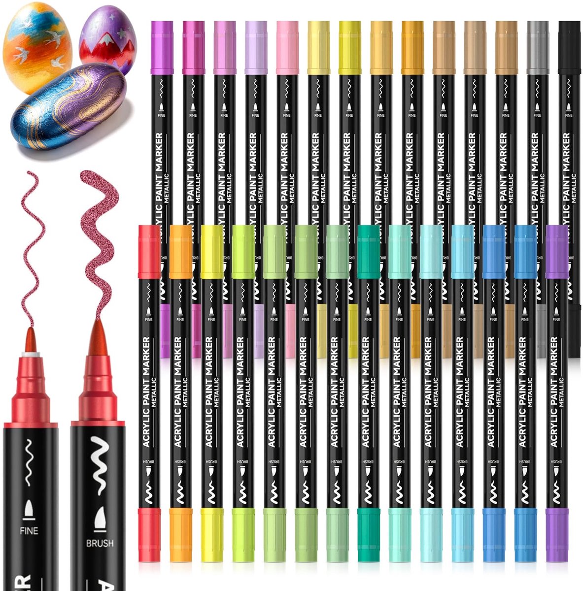 Acrylmarkers Metallic 28 Kleuren – Dubbele Punt Brush & Fine – Voor Steen, Glas, Hout, Metaal & Keramiek