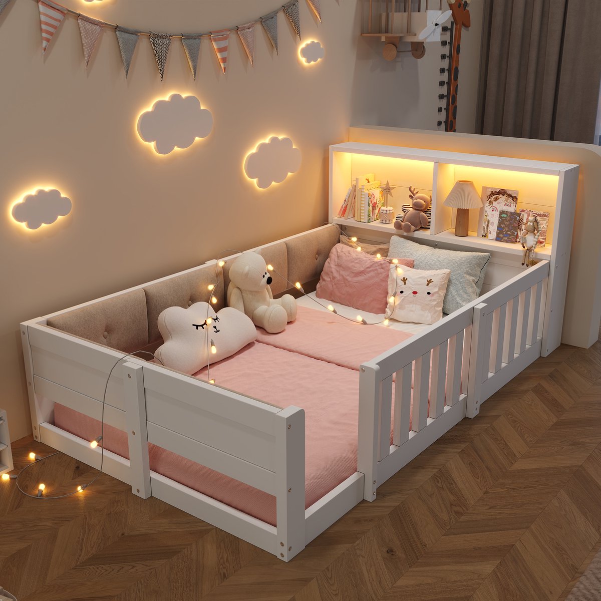 Kinderbed, Ligbed, Wieg 90 X 200 cm, Kinderbed Met Spijlen, Met Gewatteerde Bedranden, Zonder Matras, Minimalistische Stijl, Met Led-Lichtstrip-Wit