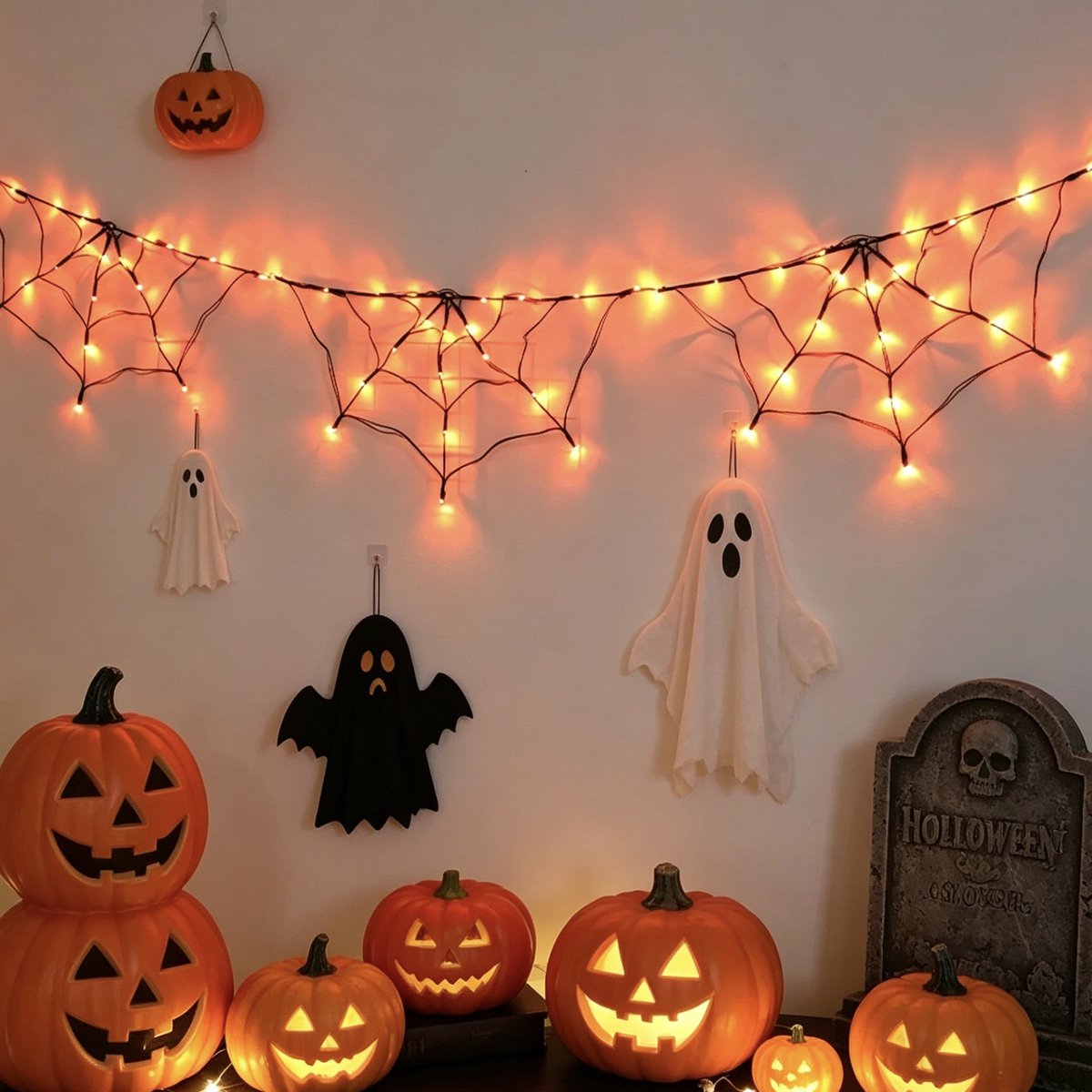 Halloween Spinnenweb Verlichting – LED Lichtslinger met 3 Spinnenwebmotieven & Pluche Spin – Oranje Verlichting – Afstandsbediening – Batterijvoeding – 180 cm – Halloween Decoratie – 1 Stuk