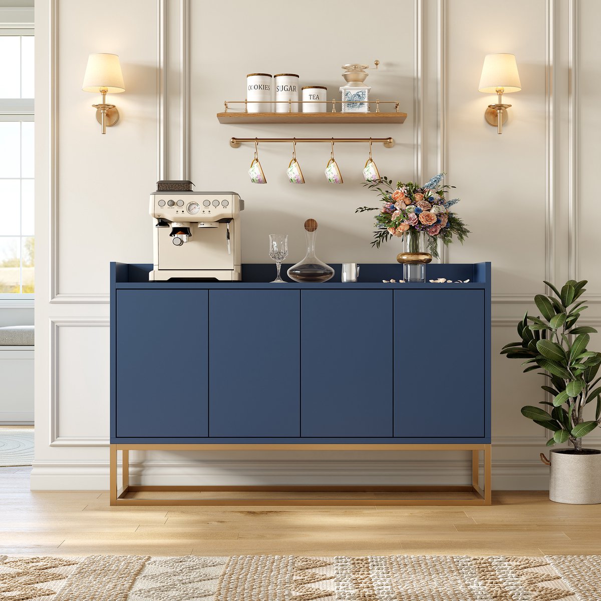 Opbergkast 120x30x80 cm, dressoir met 4 deuren en verstelbare planken, keukenkast en buffetkast, moderne kast voor woonkamer of eetkamer, MDF en spaanplaat, blauw