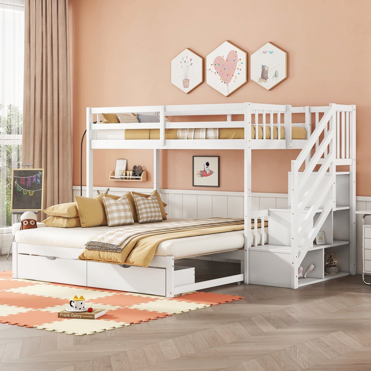Stapelbed 90x200 cm - Met Opbergruimte - Uittrekbaar - Met Lades - Wit