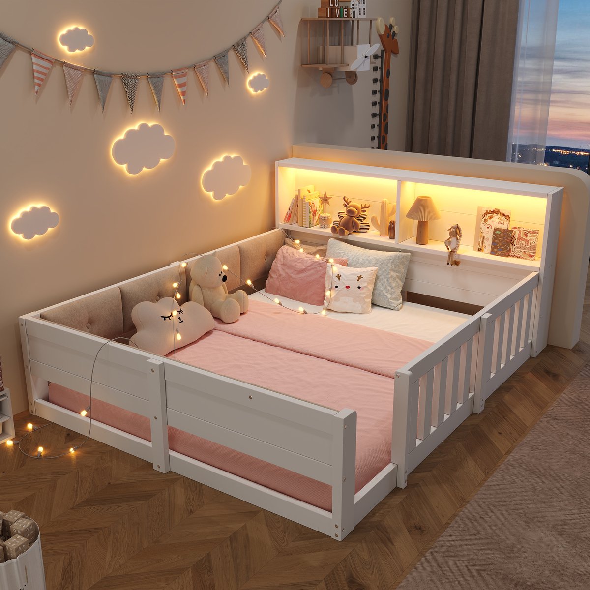 Gestoffeerd Bed 140x200 cm - Met LED-Verlichting - Met Opbergruimte - Met Valbeveiliging - Wit