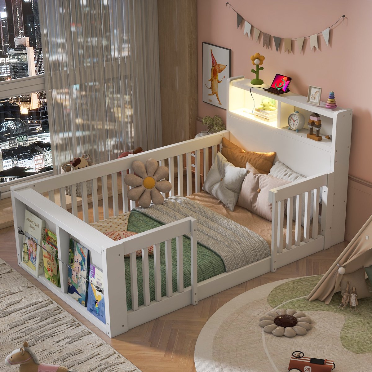 Kinderbed 90 x 190 cm - Bed Met Hoog Veiligheidsrek, Usb Aansluiting En Nachtlampje - Met Opbergruimte - Hout - Wit Zonder matras