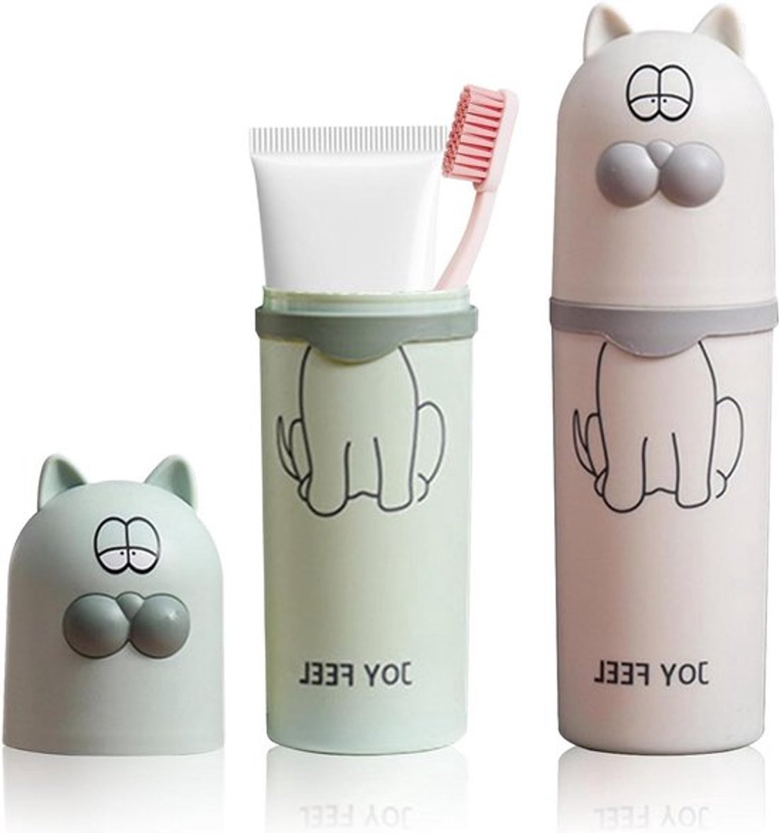 Tandenborstel etui voor kinderen - Karikatuur kat design - 2 tandenborstels inbegrepen - Tandenborstelhouder voor op reis, camping, school en thuis - Set van 2 (wit, groen)