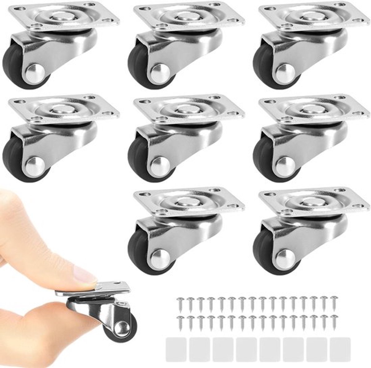 8 Stuks Mini Meubelwielen met 360° Zwenkwielen en Schroeven