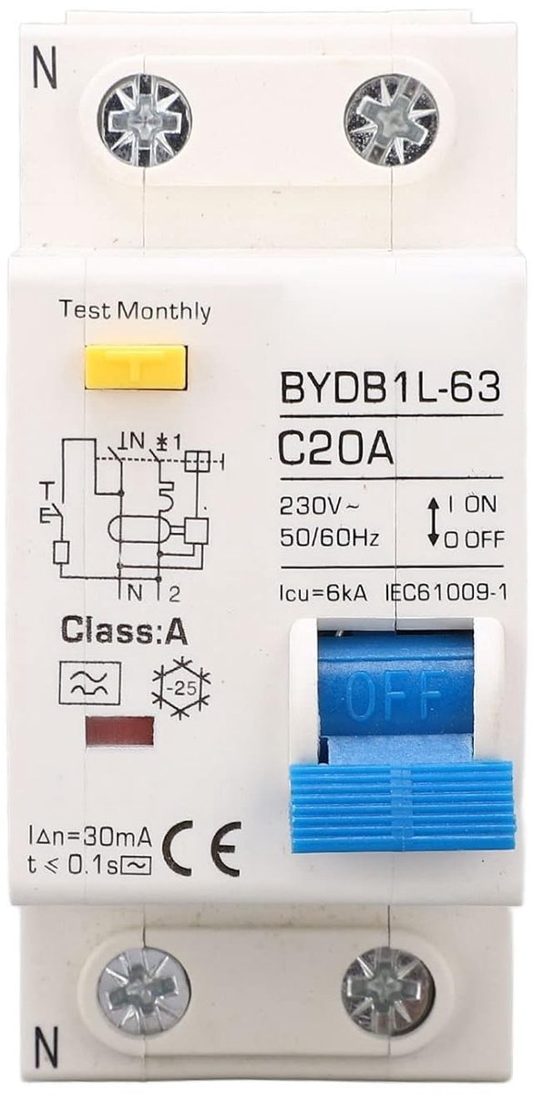 Residual Circuit Breaker 30mA C20 1P N - Aardlekschakelaar voor Overbelasting en Beveiliging van Huishoudelijke Verlichting en Zonne-energie Systemen