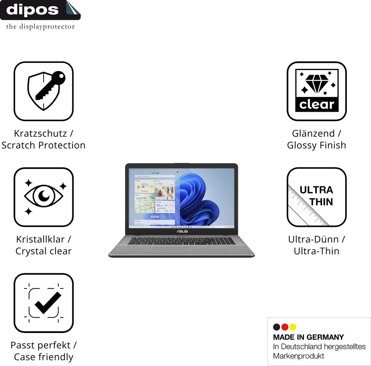 dipos – 2x Beschermfolie geschikt voor Asus Vivobook 17 X705 | Krasbestendige & heldere Screenprotector Ultra-Thin