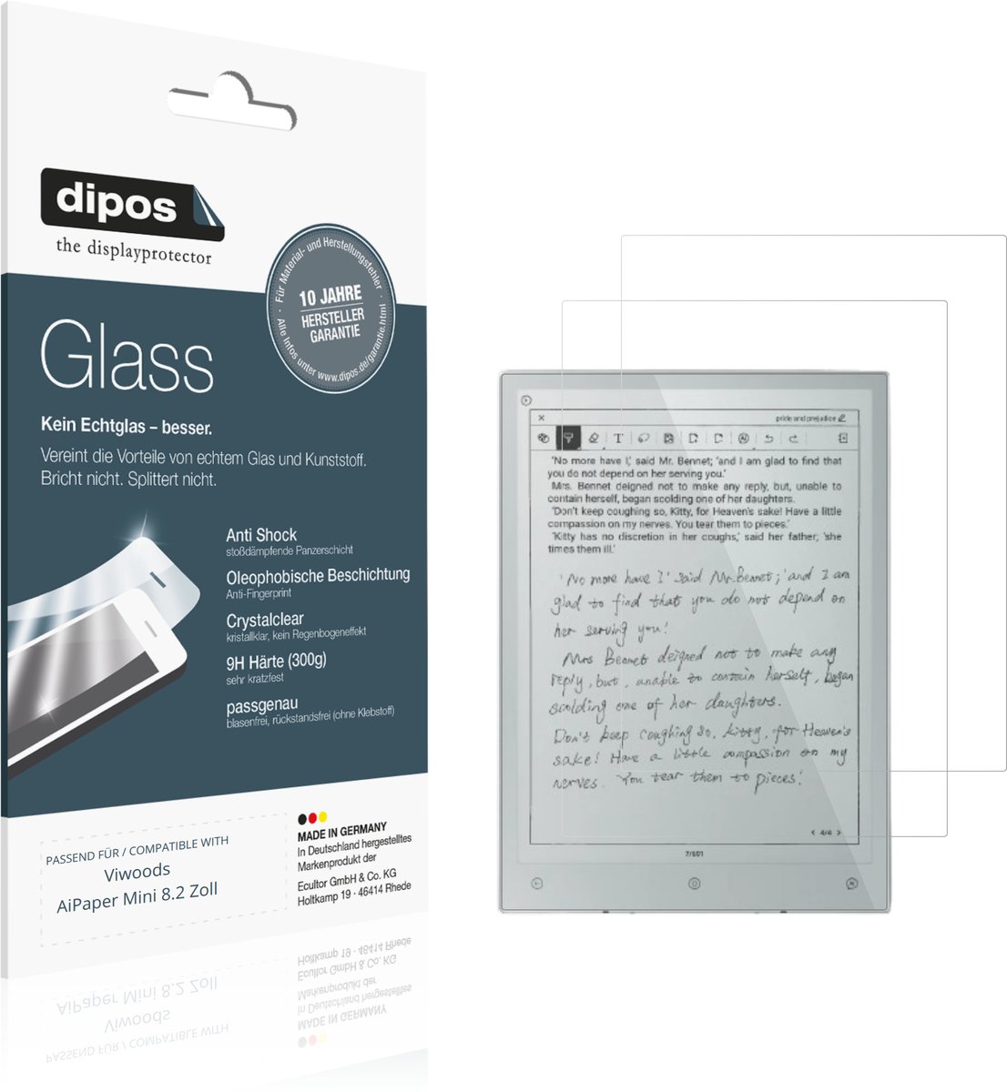dipos – 2x Pantserfolie geschikt voor Viwoods AiPaper Mini 8.2 Zoll | 9H Screenprotector