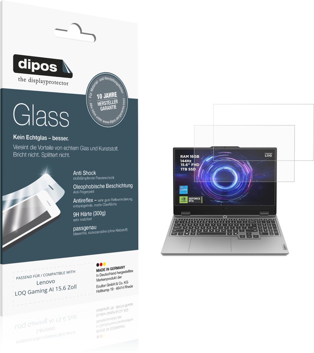 dipos – 2x Matte Pantserfolie geschikt voor Lenovo LOQ Gaming AI 15.6 Zoll | 9H Screenprotector