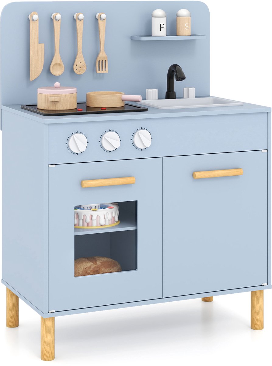 COSTWAY Kinderkeuken met 10 accessoires, speelkeuken van hout met licht en geluid, speelgoedkeuken met fornuis, gootsteen en oven, houten keuken voor kinderen vanaf 2 jaar (blauw)