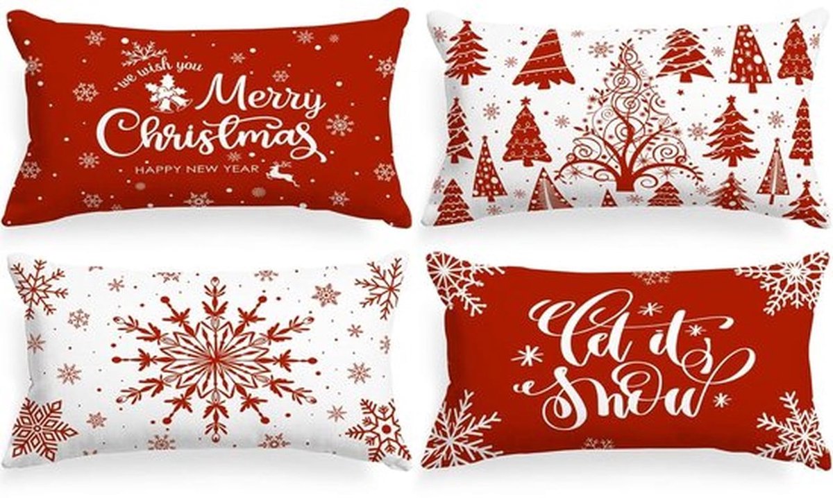Kussenhoezen Set van 4 - 30 x 50 cm - Wit/Rood - Kerstdecoratie - Duurzaam Katoen - Decoratieve Sneeuwvlokken - Kussenslopen