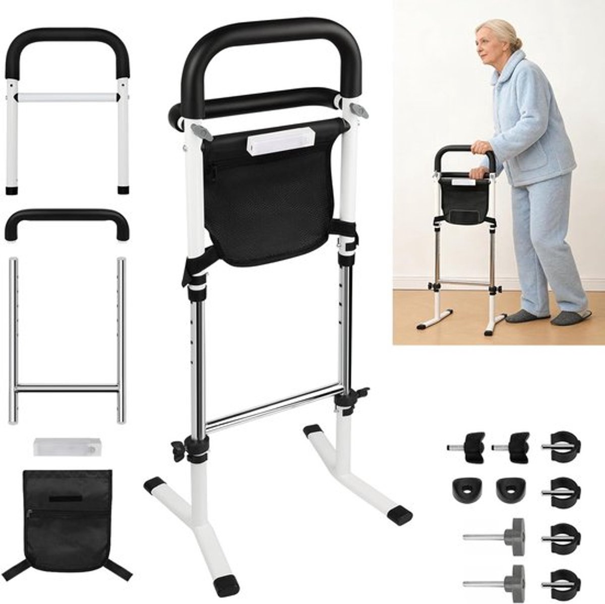 Dubbele Handgreep Bedstandhulp voor Ouderen, Verstelbaar van 72 tot 87 cm, met Sensorlicht en Opbergtas, Ideaal voor Toilet, Sofa en Bedside Table