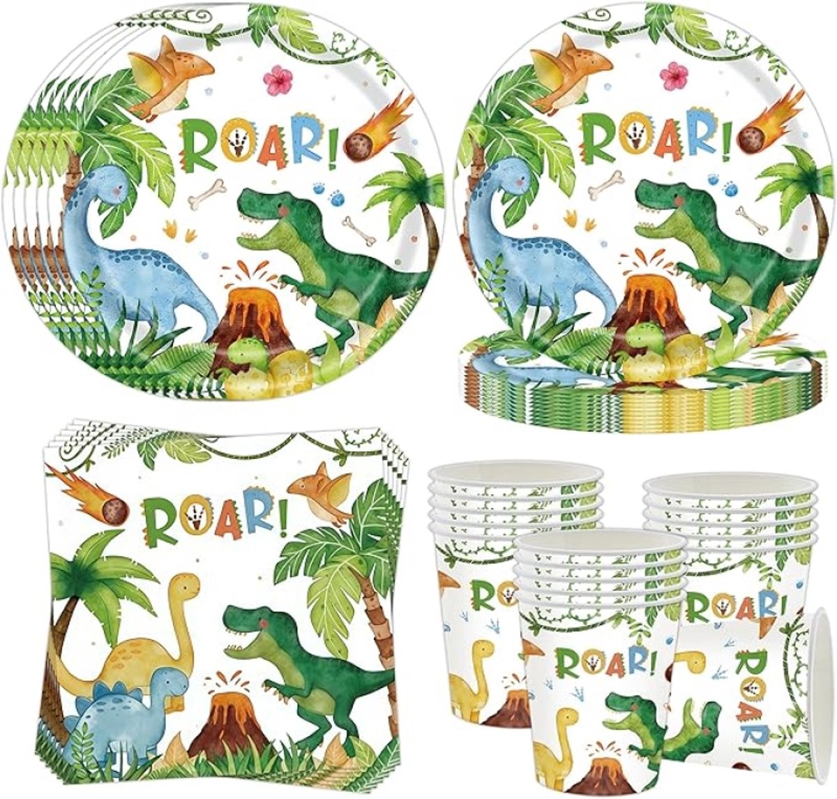 Dinosaurus Feestservies 52-delig voor 16 Personen - Papieren Borden, Servetten en Bekers met Dino Motief