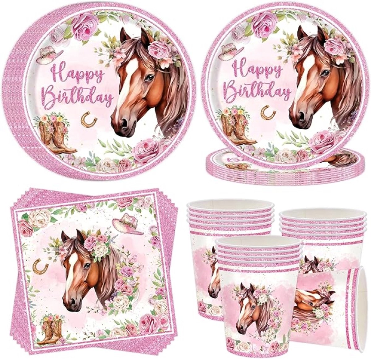 Paard Feestservies 52 Delig voor 16 Gasten | Papieren Borden, Servetten & Bekers | Roze