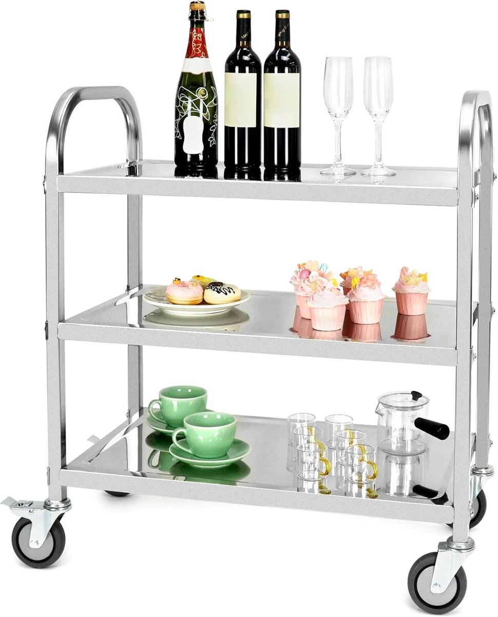 3-laagse RVS Serveerwagen met Remwielen voor Keuken, Hotel en Restaurant - Ideaal voor Catering en Opslag (75 x 40 x 83.5 cm)
