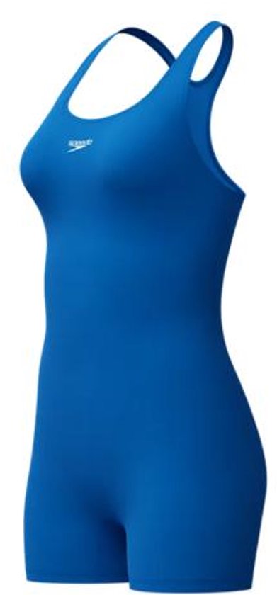 Blauw Speedo dames sportbadpak met korte pijpen en een Speedo logo op de borst.