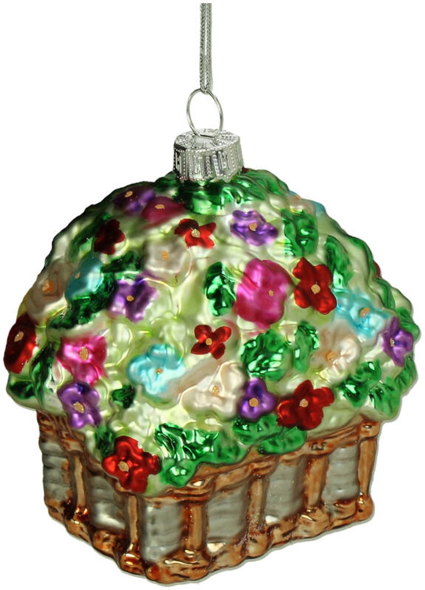 HD Collection Kerstornament Bloemenmand Multi Glas 8,8 cm – Kersthanger – Kerstboom Decoratie