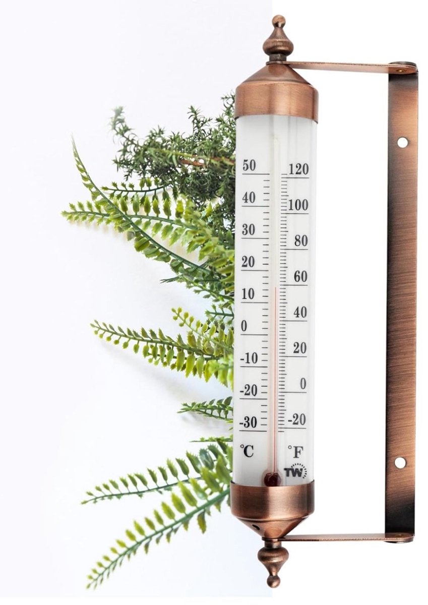 SSTRWGOOD Buitenthermometer met Wijzerplaat - Tuinthermometer -30°C tot +50°C - Duurzaam en Weerbestendig - Geschikt voor Tuin, Serre en Garage - Wandmontage - Glas, Kunststof en Metaal - 24.5x9cm
