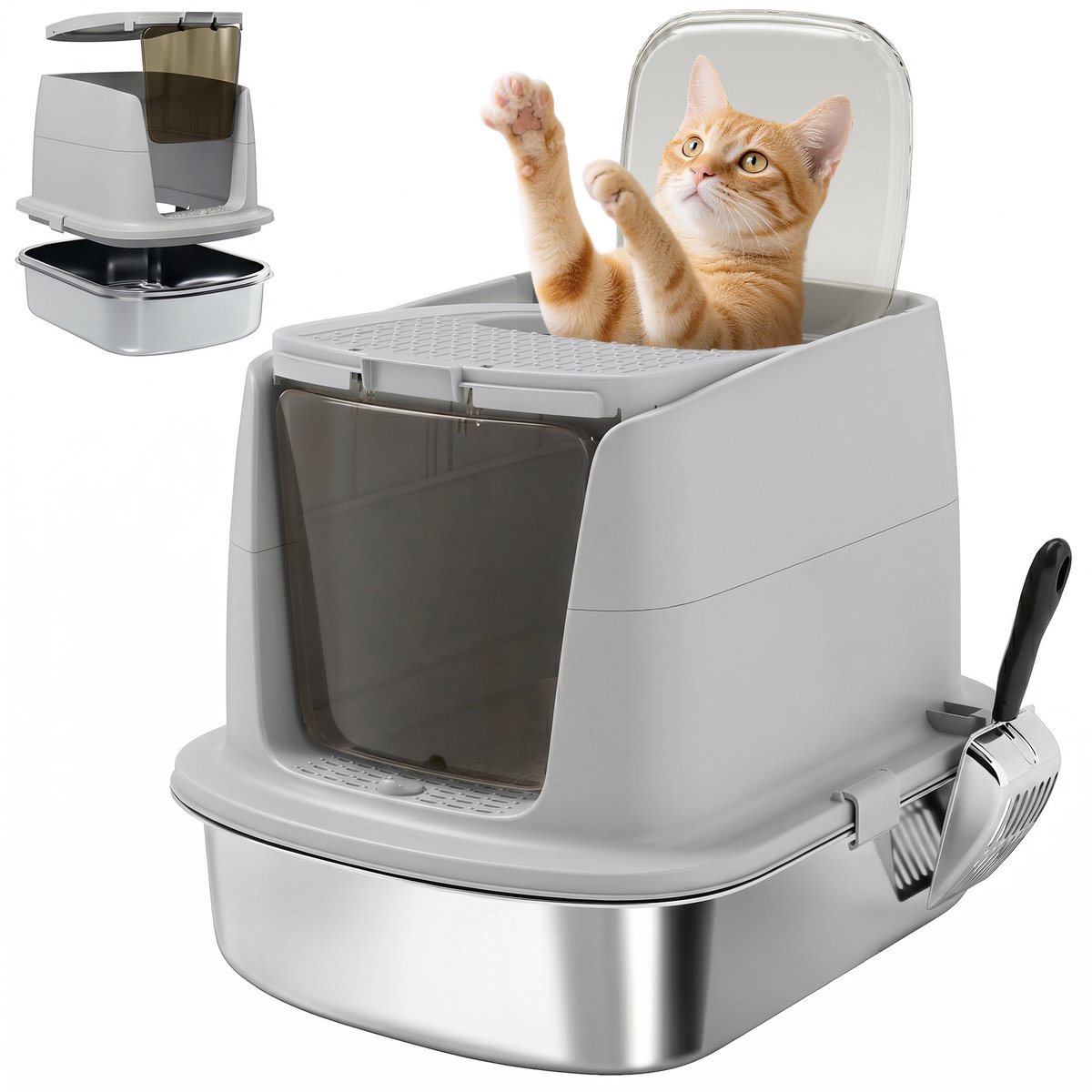 PawHut Cat Litter Box-Edelstahl, Kunststoff-52,4L x 41,3B x 39,8H cm-Hellgrau