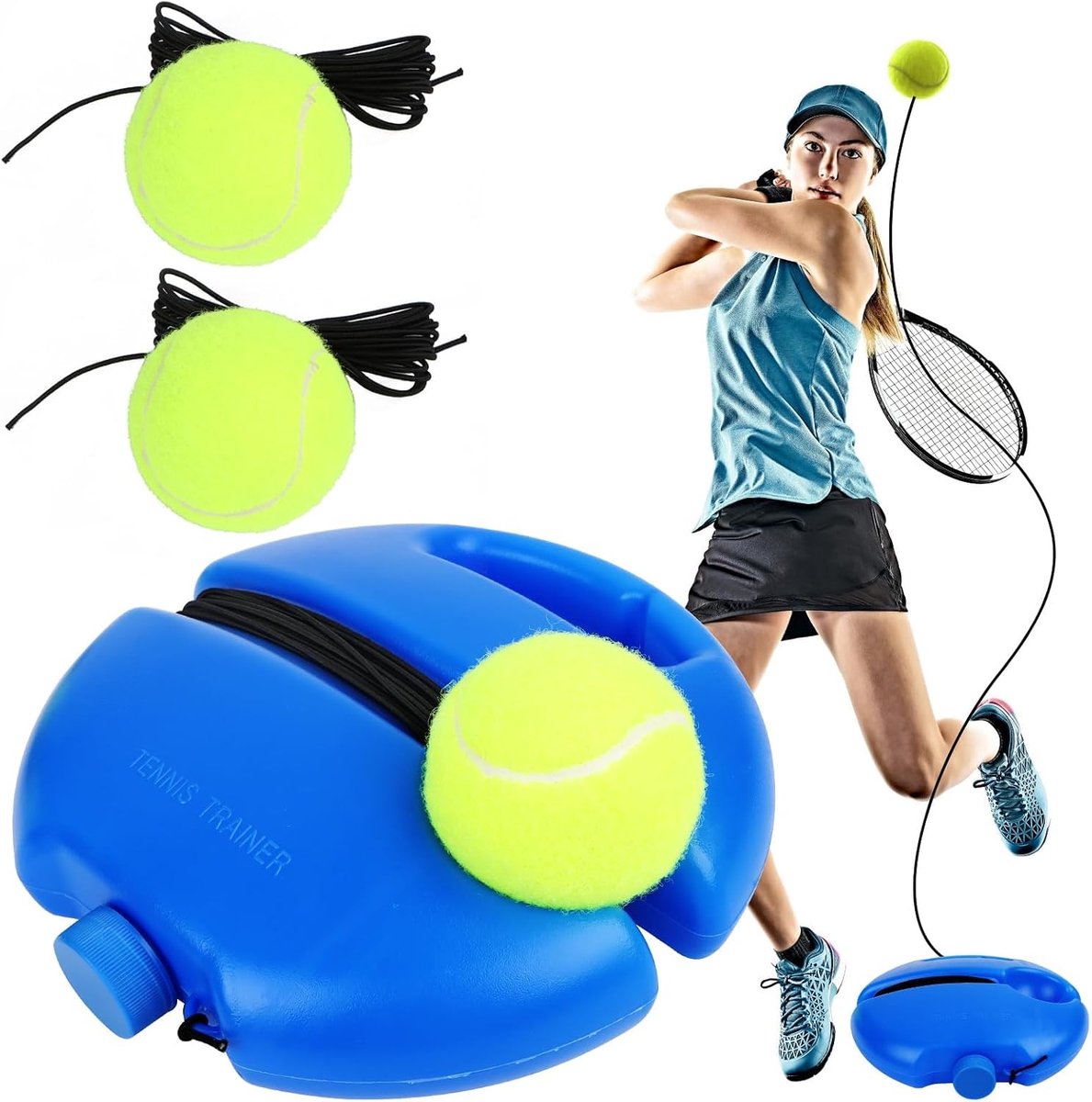 KZQ Tennistrainer - Tennistrainingsset - Trainingsbasis met 3 tennisballen en touwen - Hulpmiddel voor zelfstudie en tennistraining - Tennistrainingsset voor één persoon voor buiten