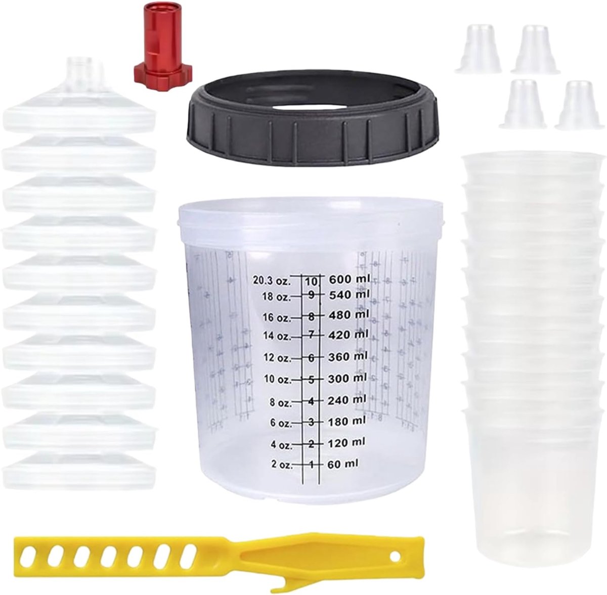 Verf mengbekers 600ml - 10 stuks transparant - met mengstaaf en filter - eenvoudig kleuren mengen - ShopVlot