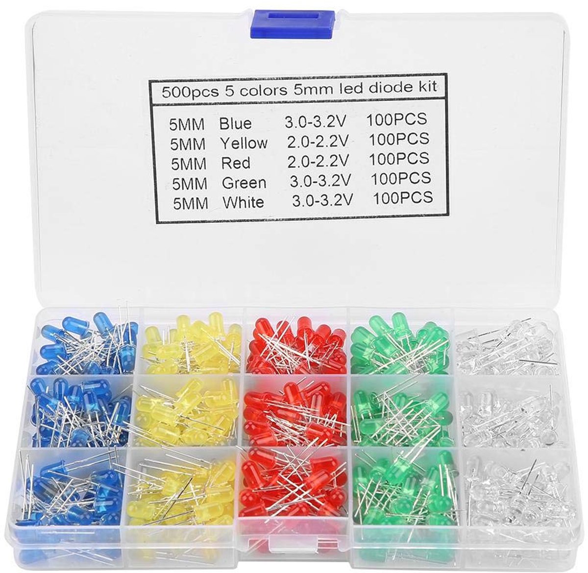 LED lampen 5mm - assortiment in rood, geel, blauw, groen en wit - energiebesparend - ideaal voor DIY projecten - ShopVlot