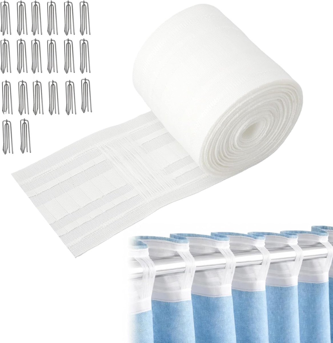 Gordijnband set 6 m + 3 m + 5 m - geplooide tape 8,5 cm - met 20 metalen gordijnhaken - eenvoudig te installeren - ShopVlot