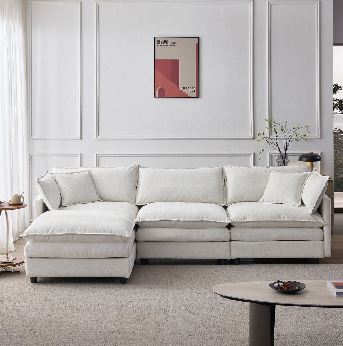 DESMIU Hoekbank 3-Zits Met Links Chaiselongue En Hocker - Modular Met Afneembare Hoezen - Voor Woonkamer En Lounge - Chenille Beige