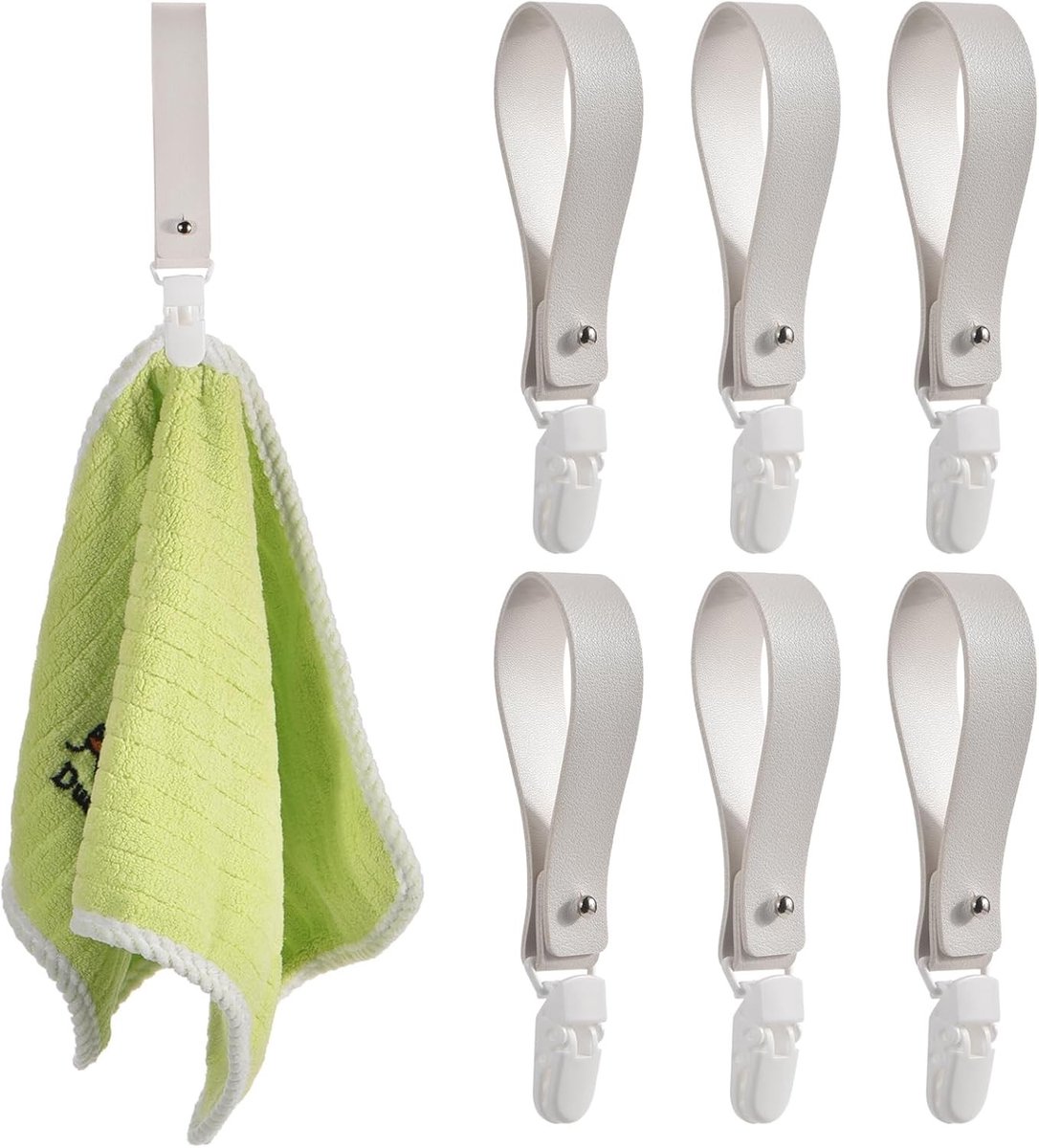 SnelShoppen - 6 Stuks Servet Klemmen Tafelhouder met Leren Lussen voor Handdoeken en Keukenaccessoires - Wit, Duurzaam en Milieu-vriendelijk, Ideaal v