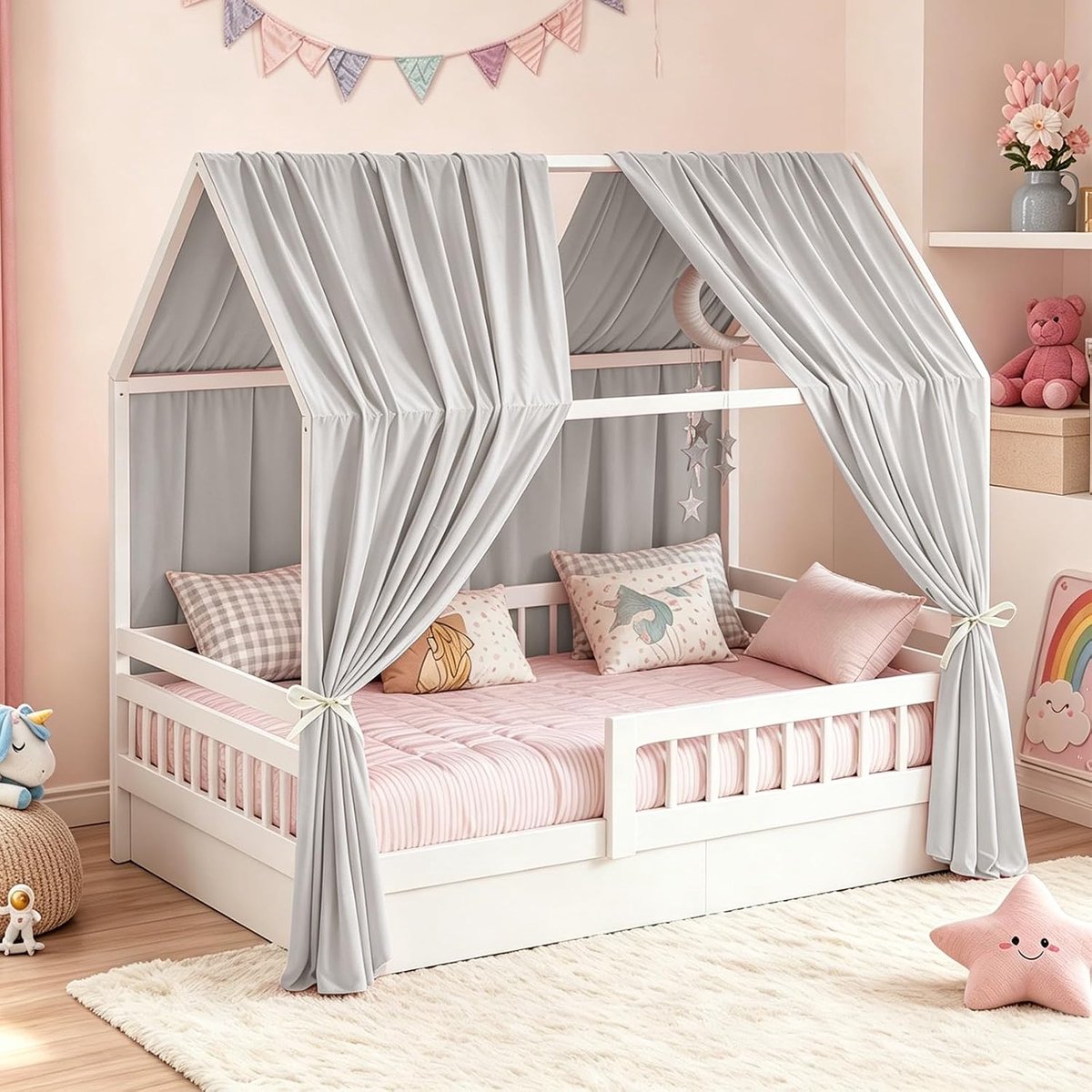 Huisbed hemel 350 x 135 cm - lichtgrijs stoffen luifel - handgemaakt baldakijn - sfeervolle decoratie - ShopVlot