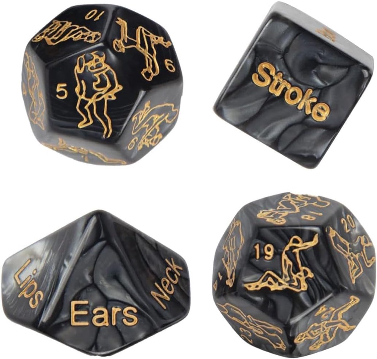 Set van 4 dobbelstenen 18-25 mm - zwart met gouden motieven - elegant ontwerp - ideaal cadeau voor mannen - ShopVlot
